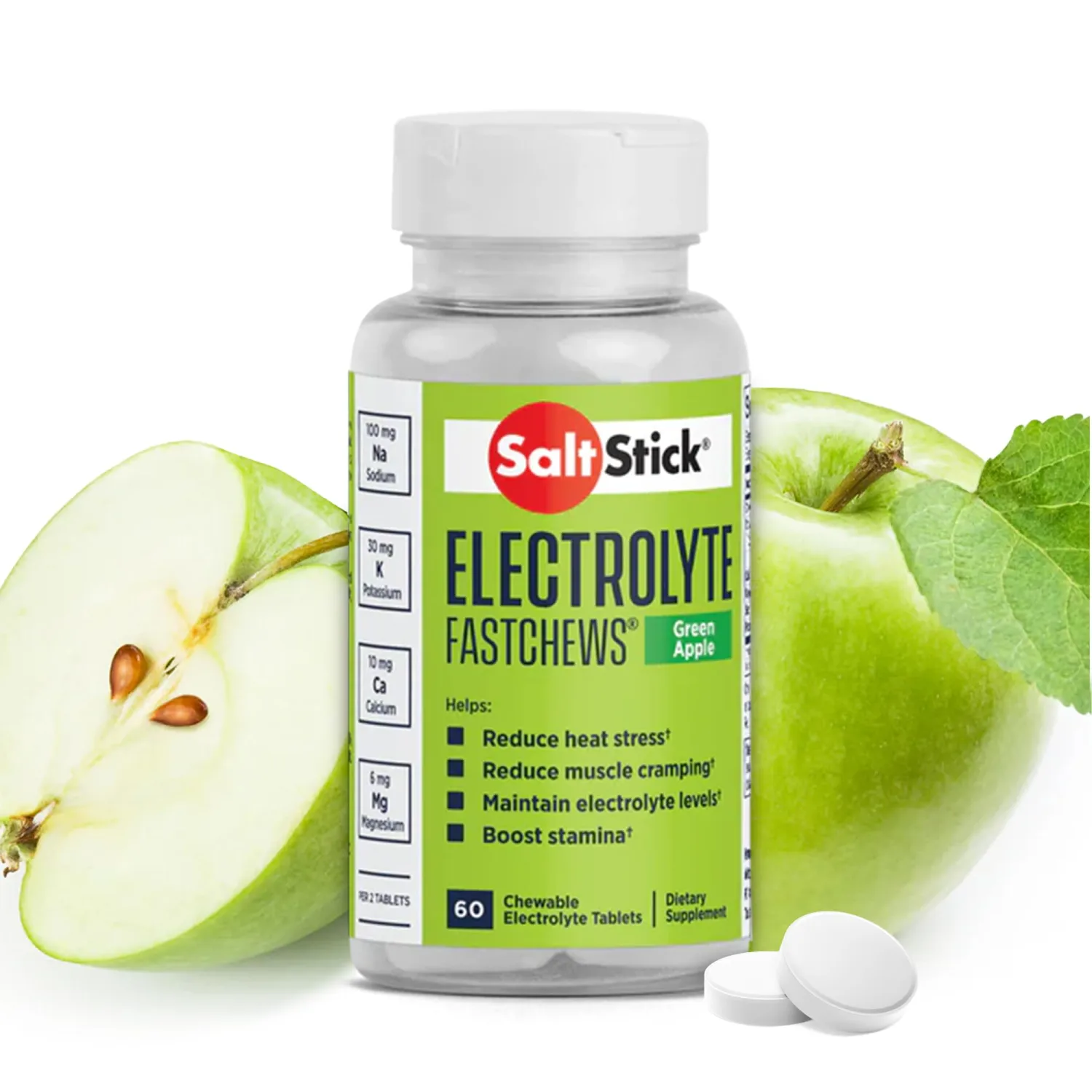 SaltStick Electrolyte FastChews - Green Apple Chewable Electrolyte Tablets - Salt Tablets for Runners, Electrolyte Chews for Hydration - 60 Count