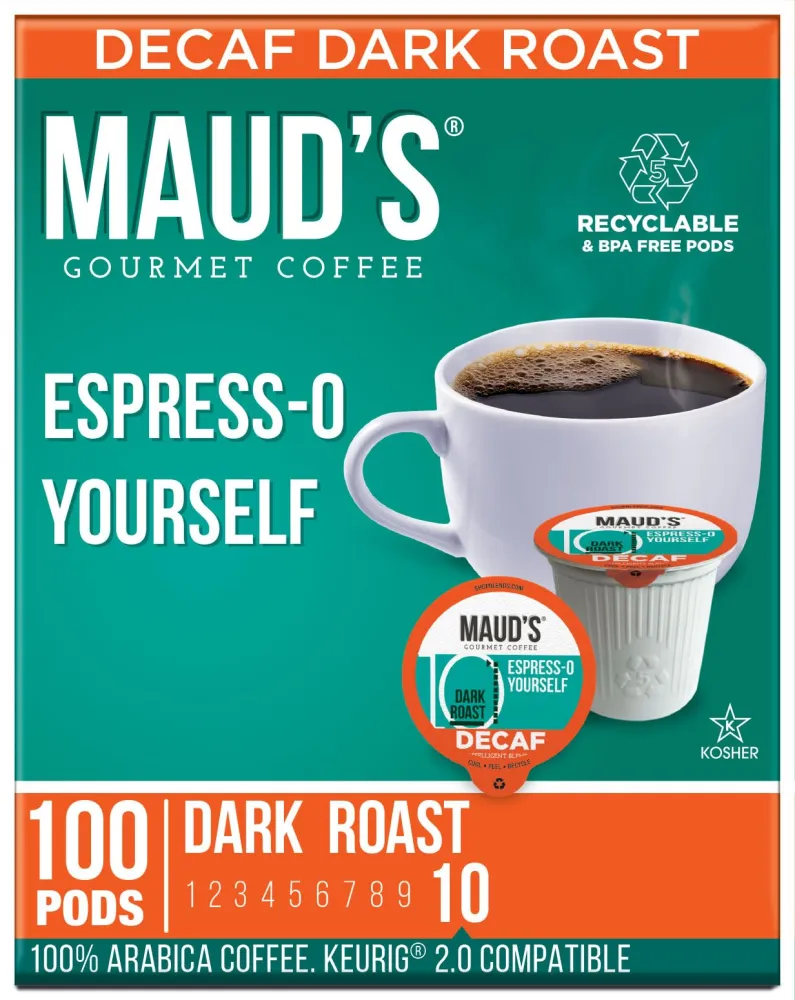 Maud's Decaf Espresso Roast Coffee Pods, 100 ct, Decaffeinated Dark Roast Coffee in Recyclable Single Serve Pods – 100% Arabica Coffee, Compatible with Keurig K Cups Maker