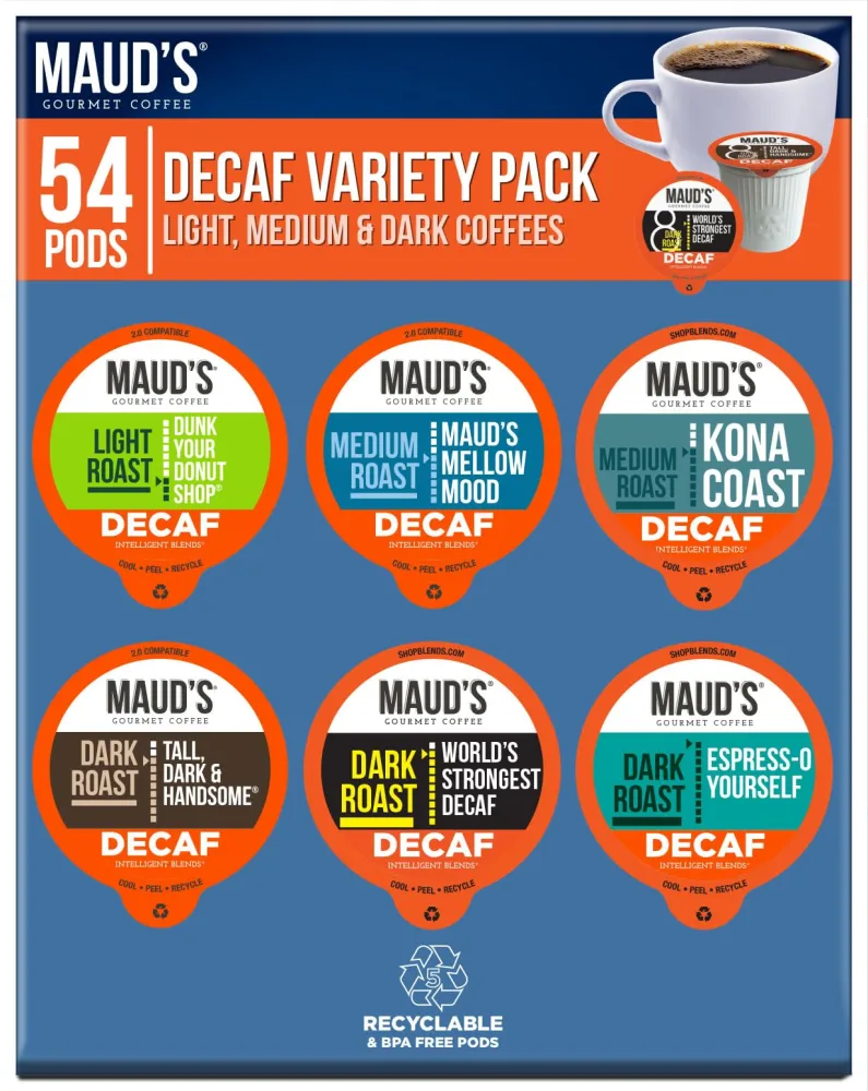 Maud's Decaf Coffee Pods Variety Pack, 54 ct, 6 Assorted Roasts & Flavors, Decaf Dark & Medium Roast Coffee in Recyclable Single Serve Pods - 100% Arabica Coffee, Compatible with Keurig K Cups Maker