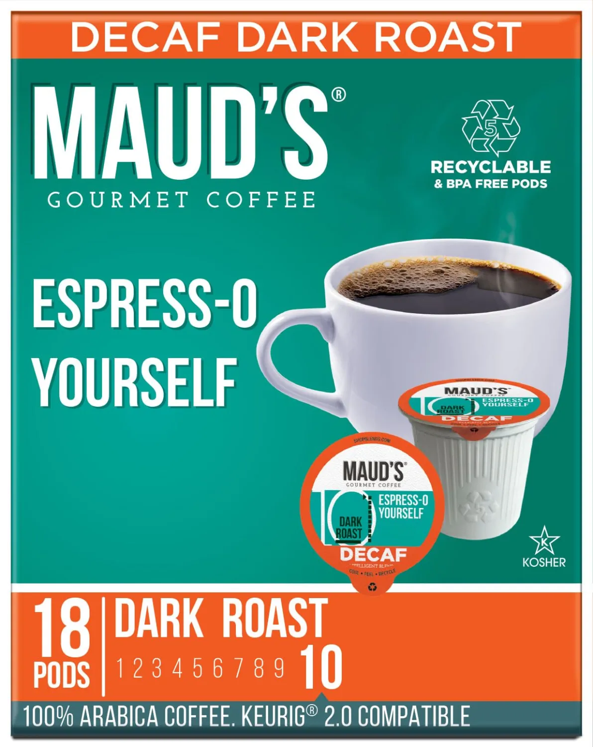 Maud's Decaf Espresso Roast Coffee Pods, 18 ct, Decaffeinated Dark Roast Recyclable Single Serve Pods – 100% Arabica Coffee, Compatible with Keurig K Cups Maker