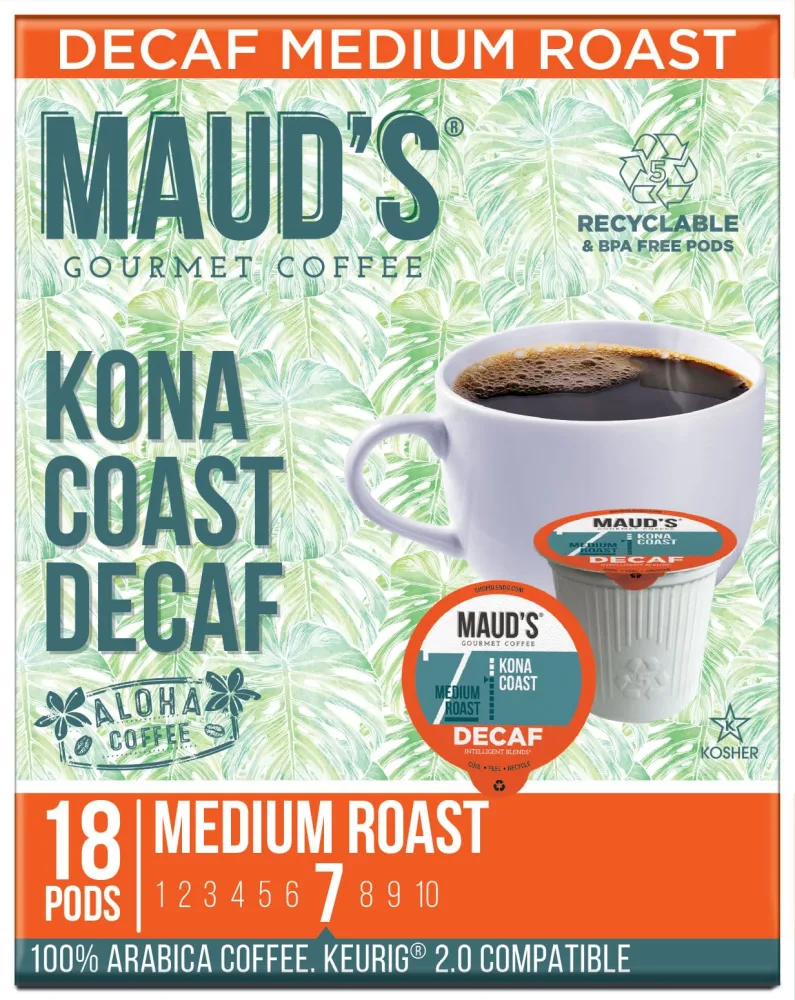 Maud's Decaf Kona Coffee Pods, 18 ct, Decaffeinated Medium Roast Coffee in Recyclable Single Serve Pods – 100% Arabica Coffee, Compatible with Keurig K Cups Maker