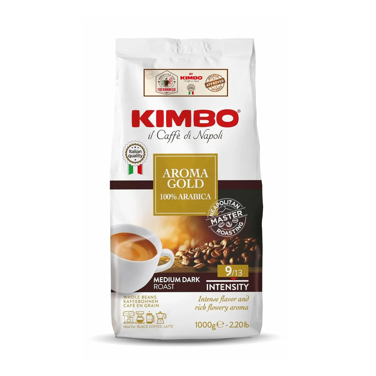 Kimbo Aroma Gold | 100% Arabica Whole Bean Coffee | Medium Dark Roast | 9/13 Intensity | 2.2 Lbs (1kg) Bag
