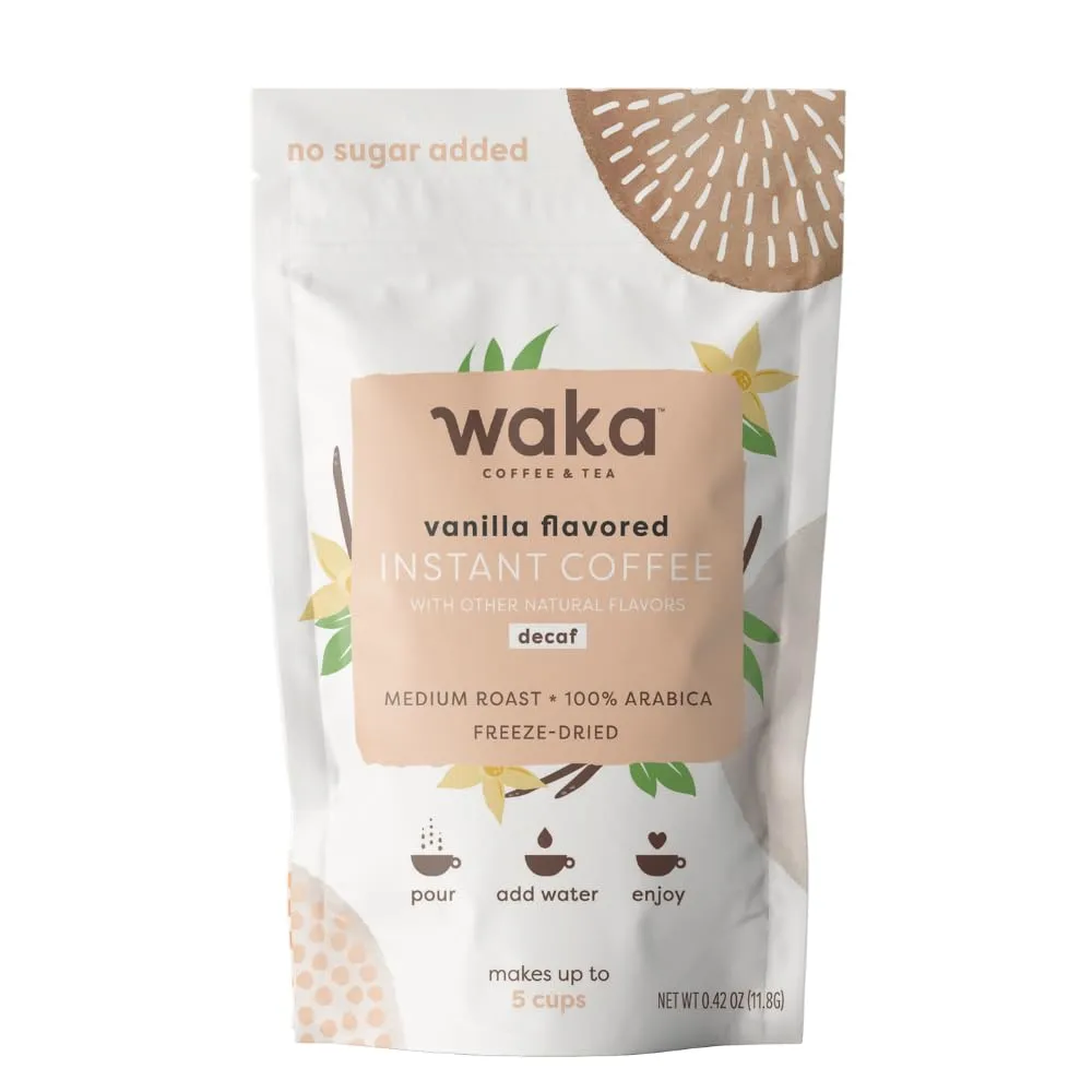 Waka Instant Coffee, Decaffeinated Vanilla Flavored - 100% Arabica Beans, Freeze Dried Granules, No Sugar or Additives - Travel Size Bag for Quick Hot and Iced Coffees, 5 Cups (.42oz)