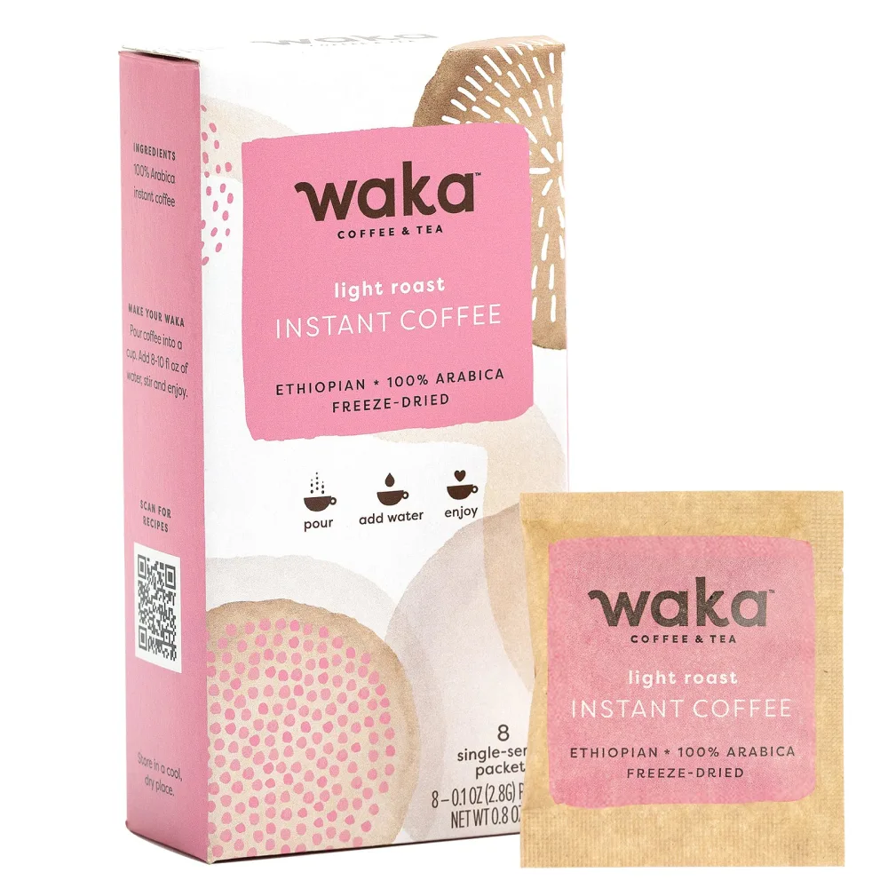 Waka Instant Coffee, Light Roast - 100% Arabica Beans, Freeze Dried Granules, No Additives - Single Serve Packets for Quick Hot and Iced Coffees (8 Individual Coffee Packets)