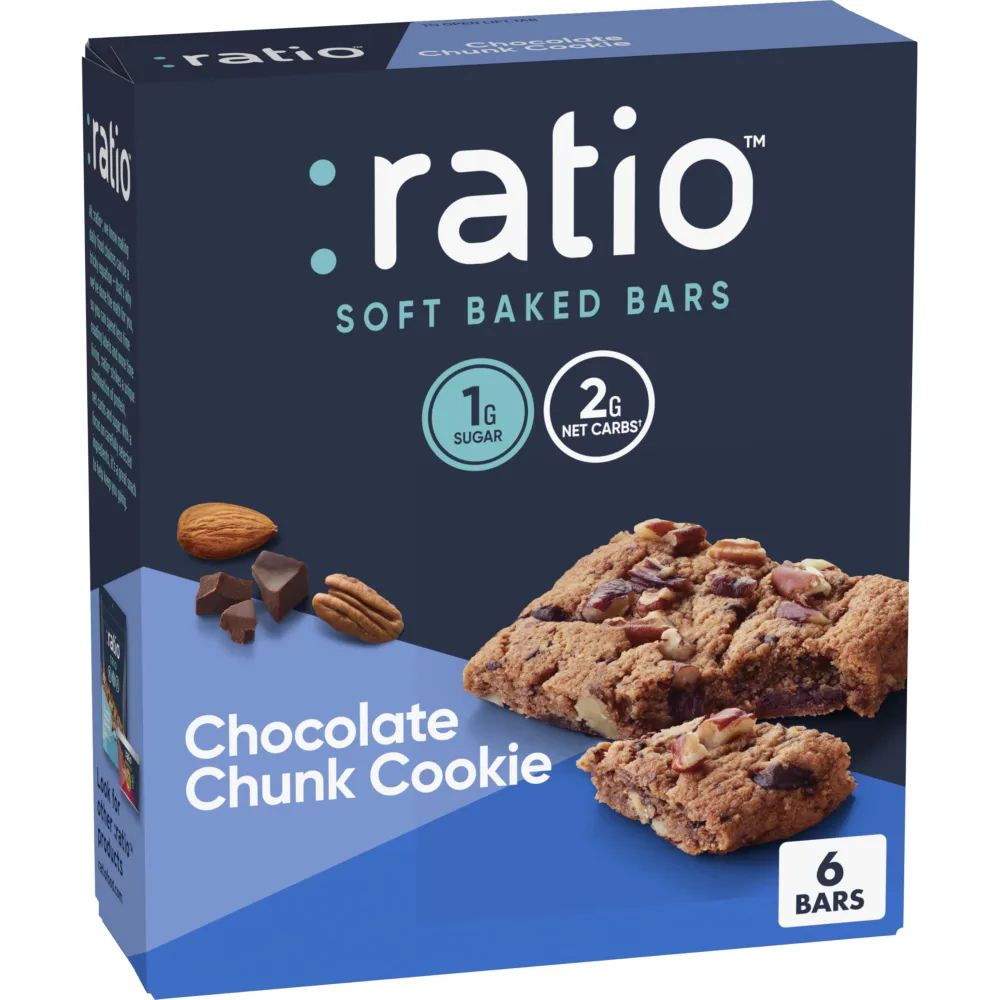 Ratio Soft Baked Bars, Chocolate Chunk Cookie, 1g Sugar, Keto Friendly, 5.34 oz (6 Bars)