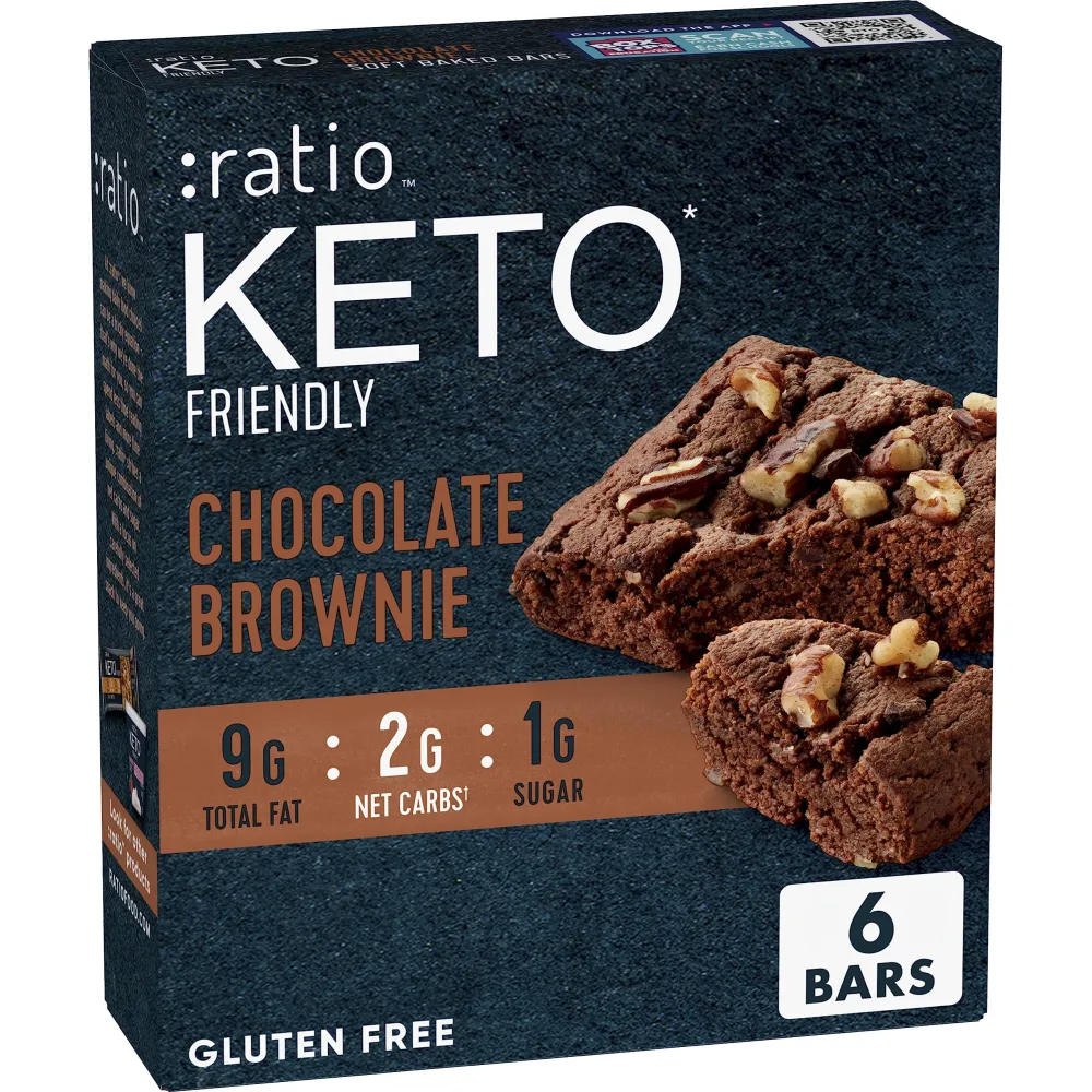 Ratio Soft Baked Bars, Chocolate Brownie, 1g Sugar, Keto Friendly, 5.34 OZ (6 Bars)