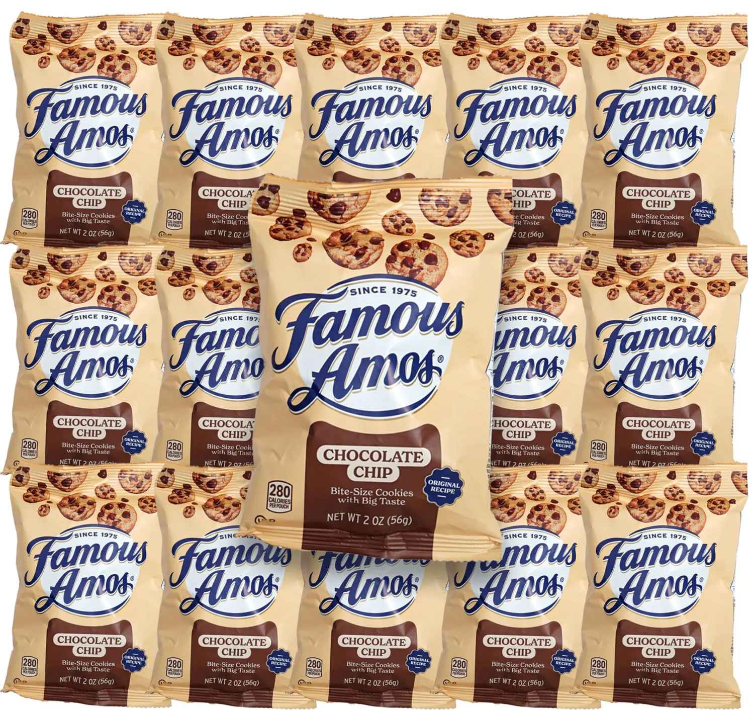 Famous Amos 2 oz., Pack of 15, Individual Bags of Famous Amos Chocolate Chip Cookies - Bulk Cookies Snacks