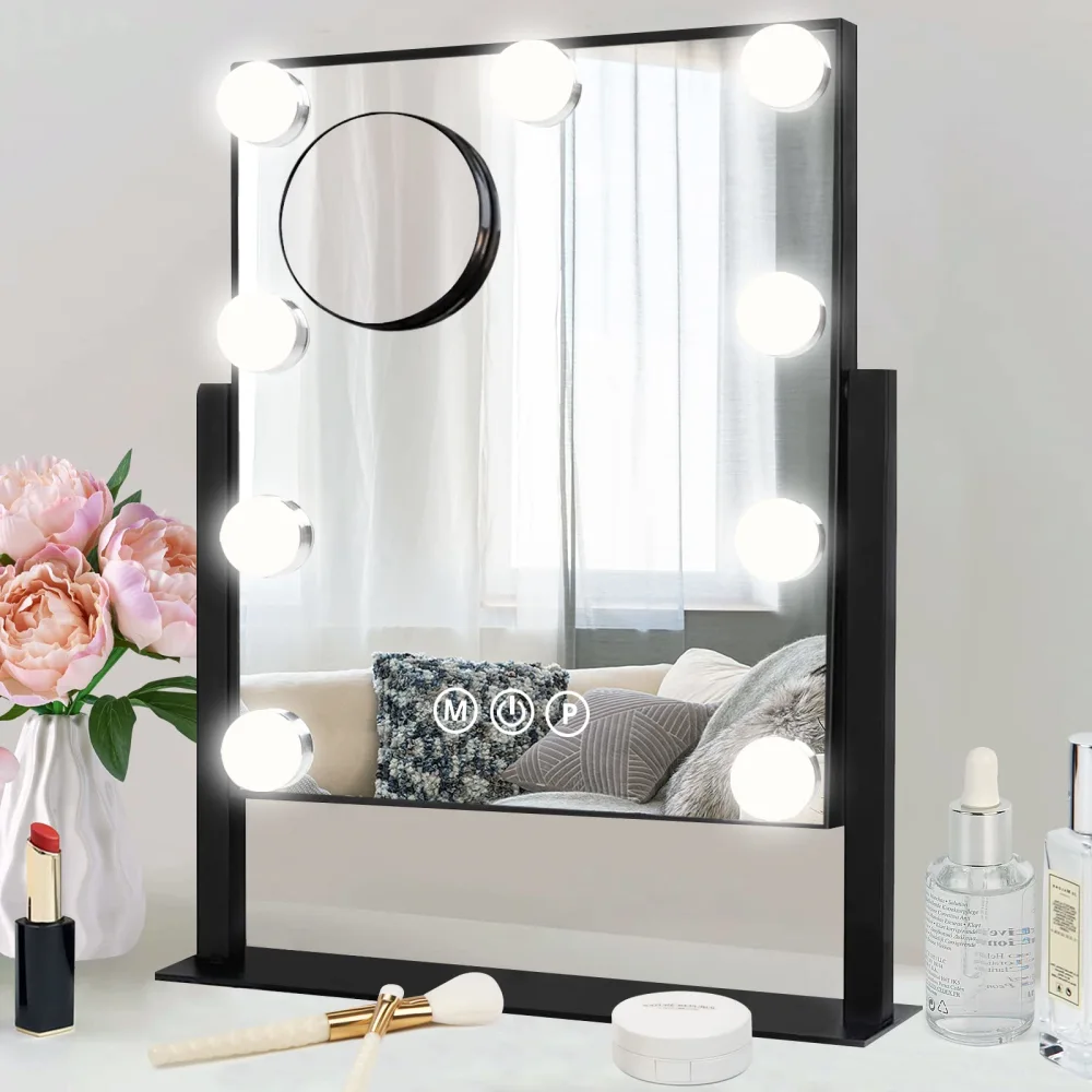 Fabuday Hollywood Vanity Makeup Mirror with Lights Lighted Desk Mirror with 9 Dimmable LED Bulbs, Cosmetic Light Up Mirror for Tabletop, Mirrors Enhanced by Electric Lights