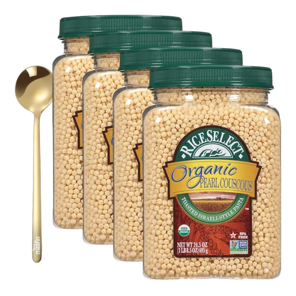 Riceselect Organic Pearl Couscous, 24.5 Ounces, Israeli-Style Wheat Pearl Pasta, Toasted Nutty Flavor, Versatile & Quick Cooking, For Salads & Side Dishes, Bundled With Golden Ss Spoon, Pack Of 4