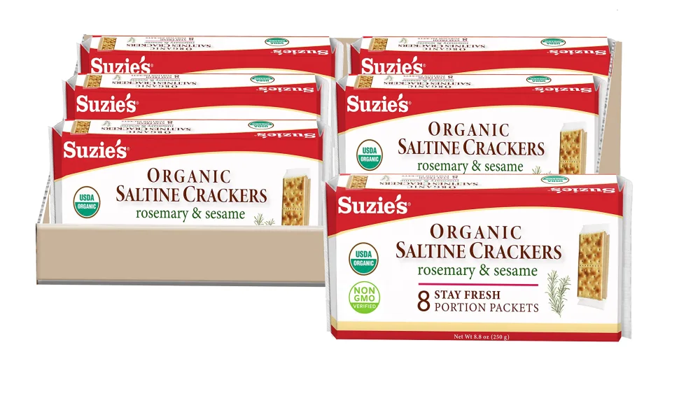 Suzie's Organic Saltines Crackers, Rosemary Sesame, Healthy Gourmet Baked Snack Goodies for Adults & Children - 6 Pack, 8.8oz Each