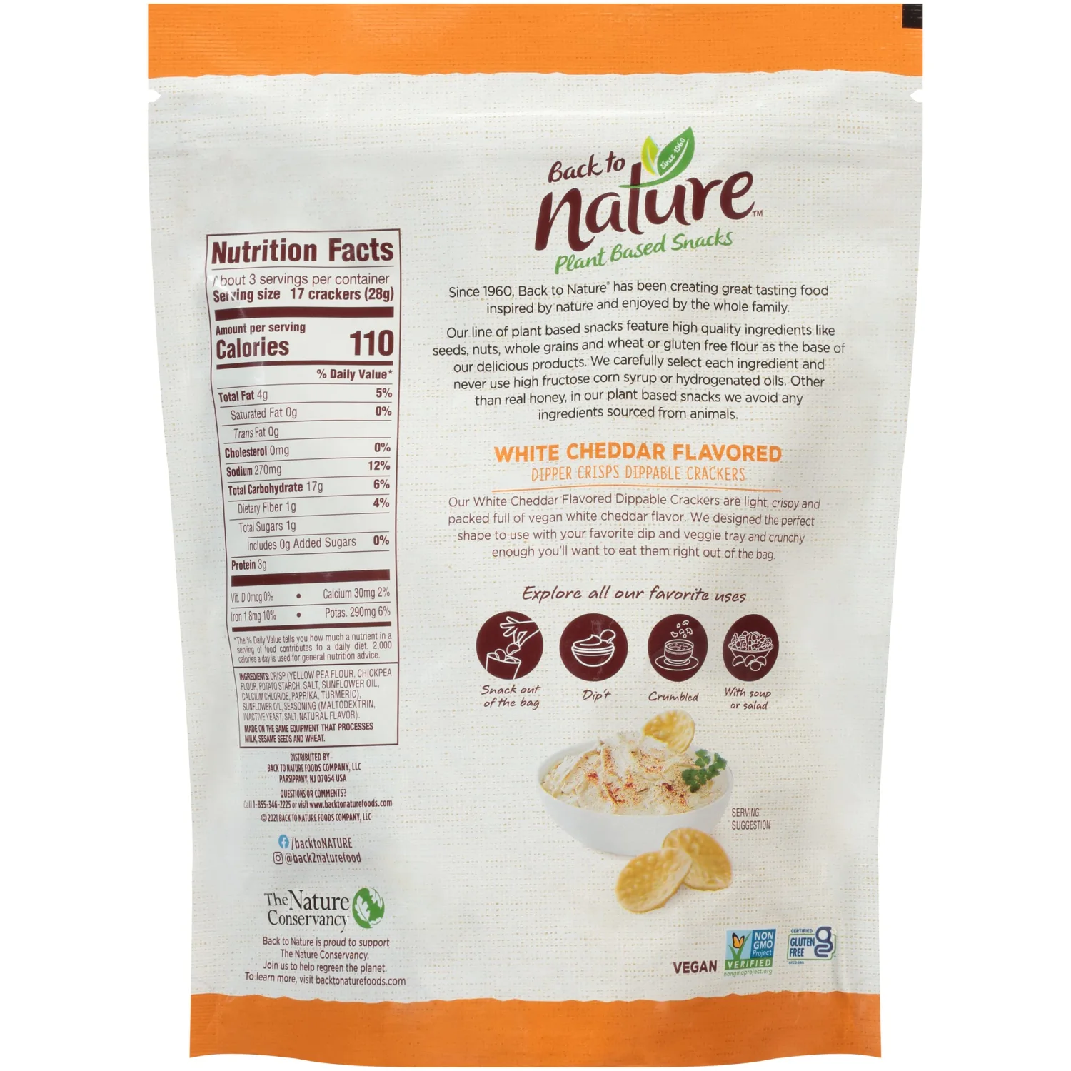 Back to Nature Gluten Free Crackers, White Cheddar Flavored Dipper Crisps - Vegan, Non-GMO, Crackers for Dipping - Delicious & Quality Snacks, 3.2 Ounce (Pack of 3)
