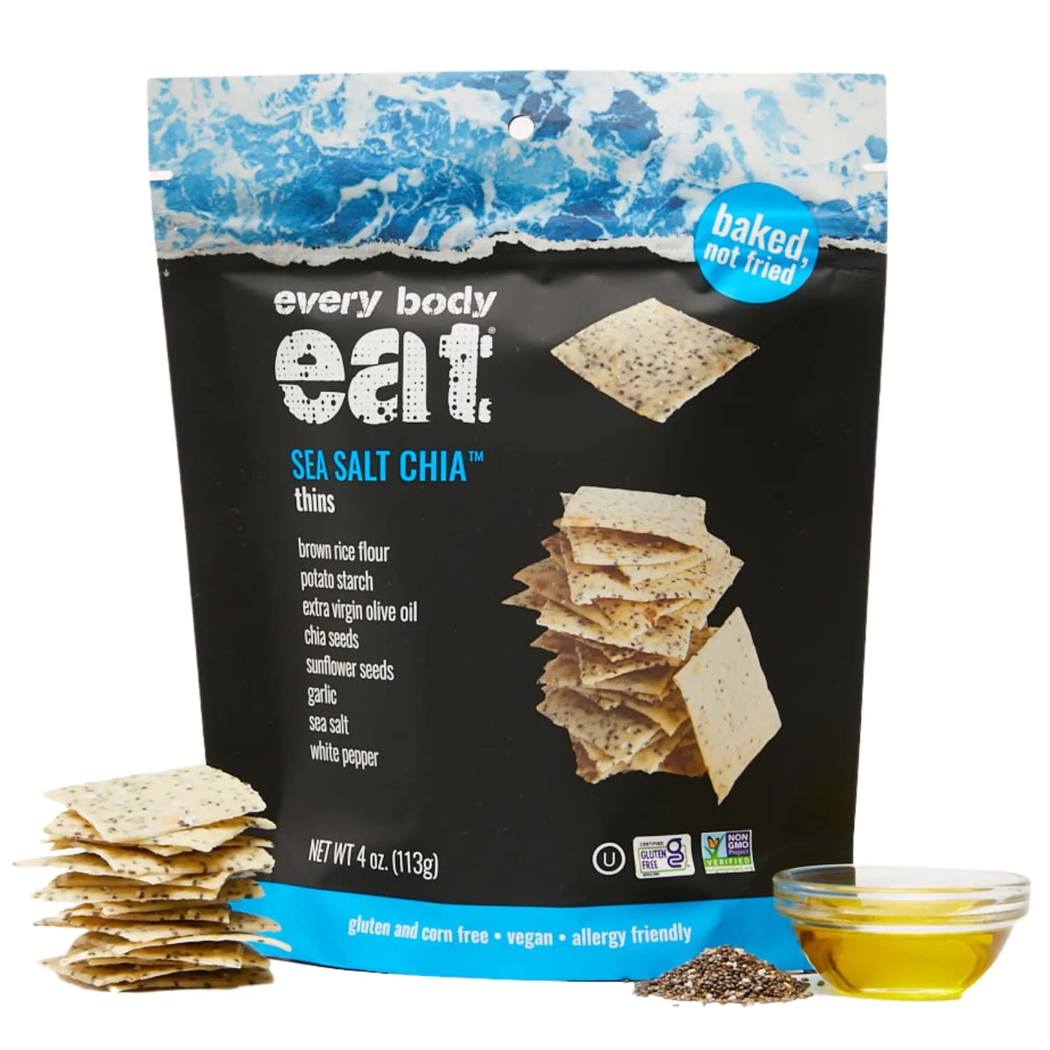 Every Body Eat Sea Salt Chia Snack Thins, Gluten & Dairy Free, Vegan (1 Pack)