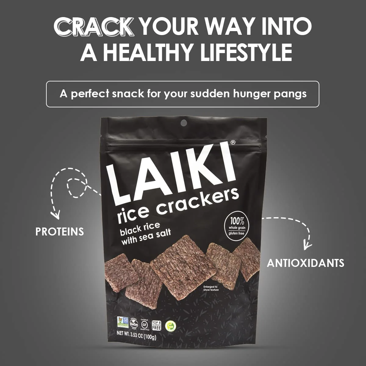 LAIKI Gluten Free Rice Crackers, Black Rice, Resealable 3.53 Ounce Bag