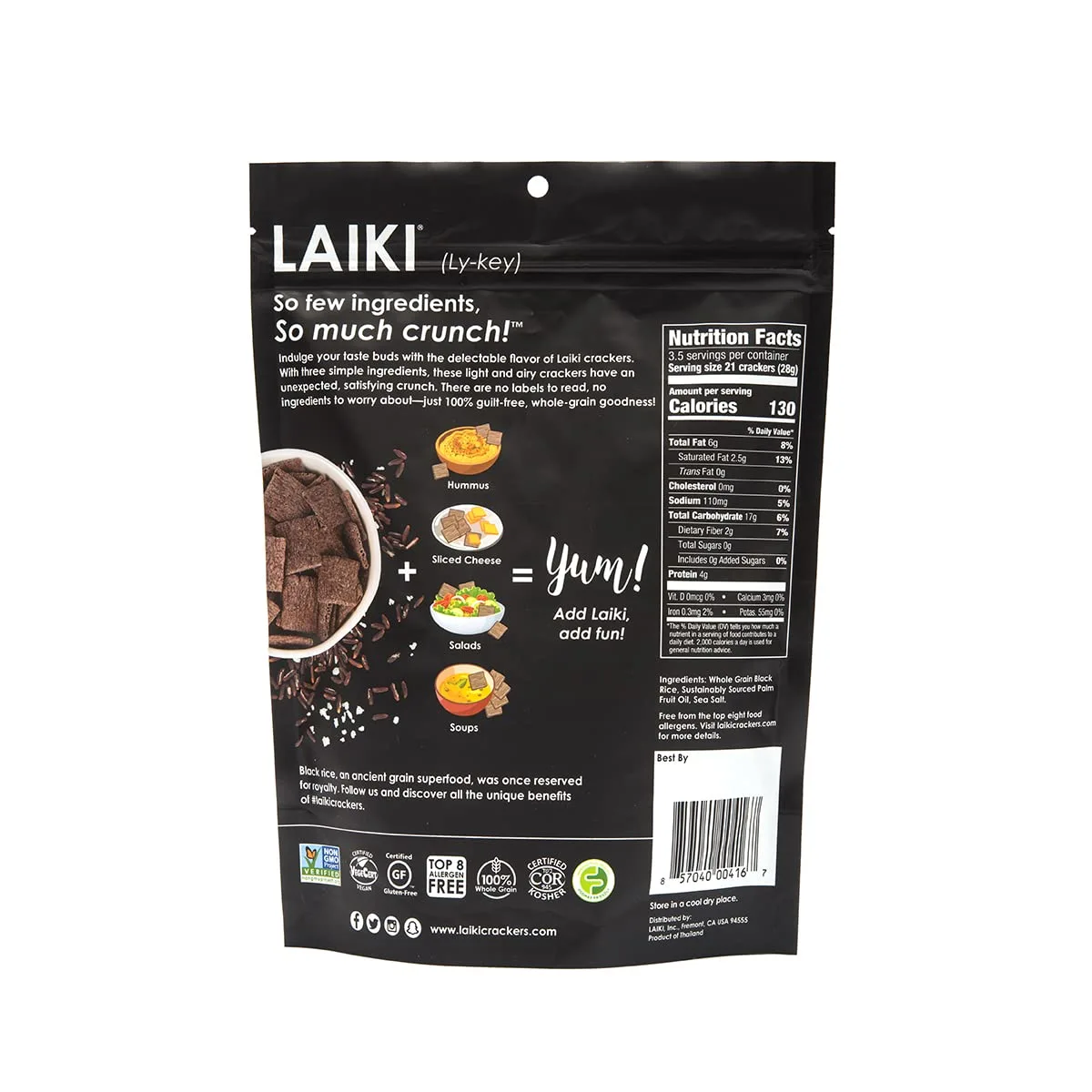 LAIKI Gluten Free Rice Crackers, Black Rice, Resealable 3.53 Ounce Bag