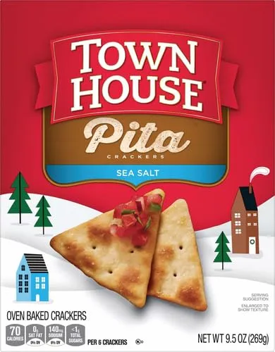 Town House Pita Oven Baked Crackers, Lunch Snacks, Snack Crackers, Sea Salt, 9.5oz Box (1 Box)