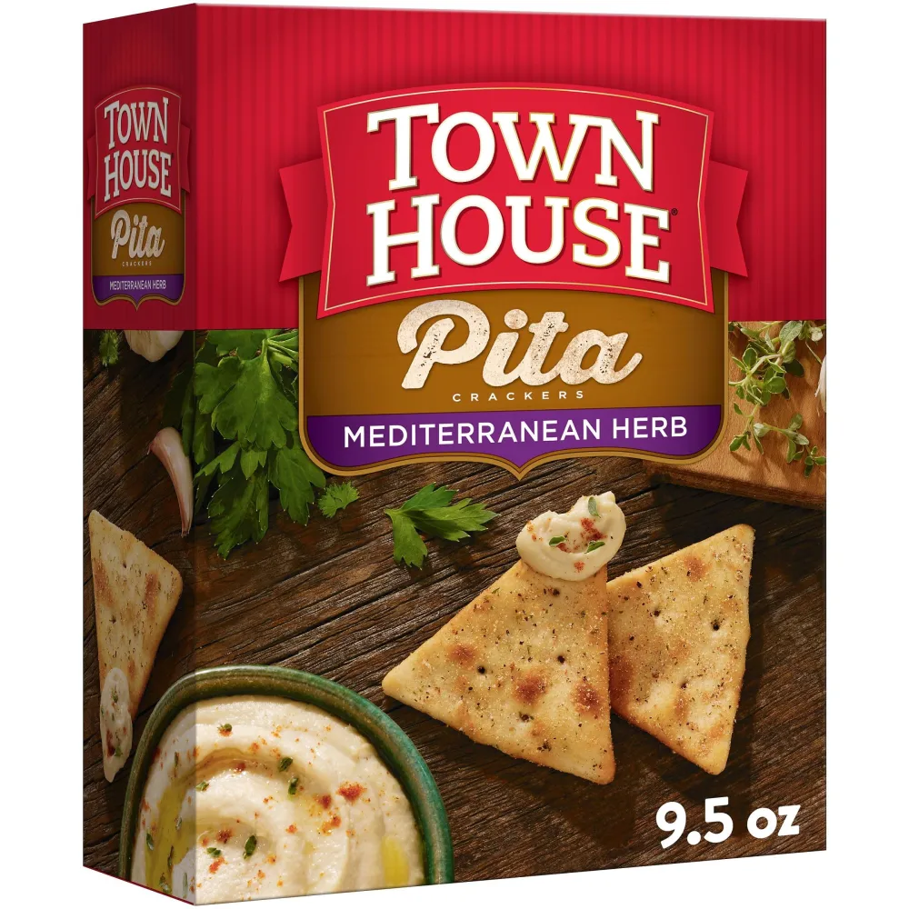 Town House Pita Crackers Oven Baked Crackers, Party Snacks, Mediterranean Herb, 9.5oz Box (1 Box)