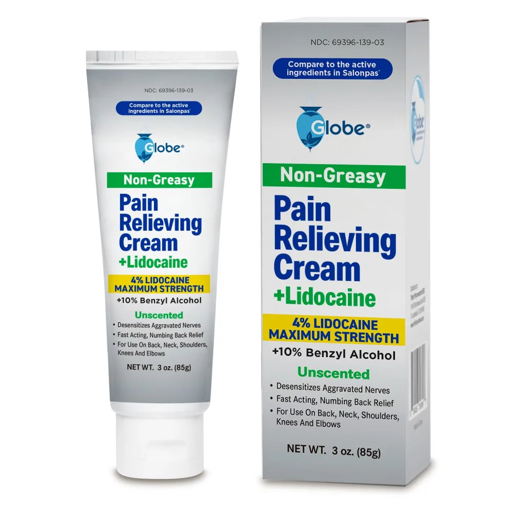 Globe Pain Relieving Cream Plus 4% Lidocaine, Fast Acting, Numbing Relief, Unscented, Compare to The Brand Name Lidocaine Plus Pain Relieving Cream. (3 oz)