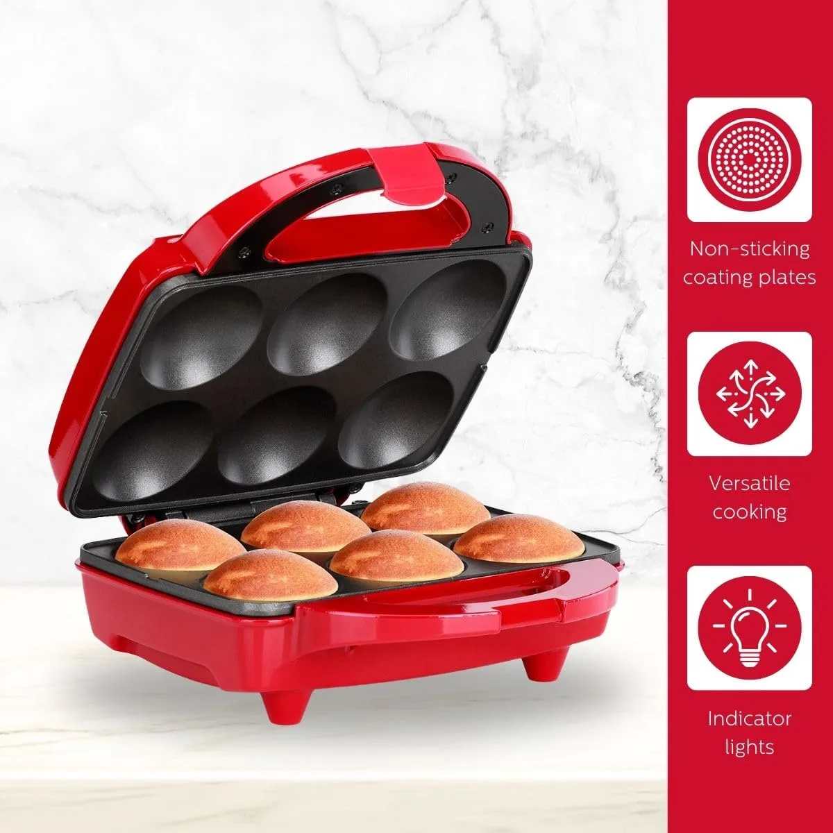Holstein Housewares - Non-Stick Cupcake Maker, Red - Makes 6 Cup Cakes, Muffins, Cinnamon Buns, and more