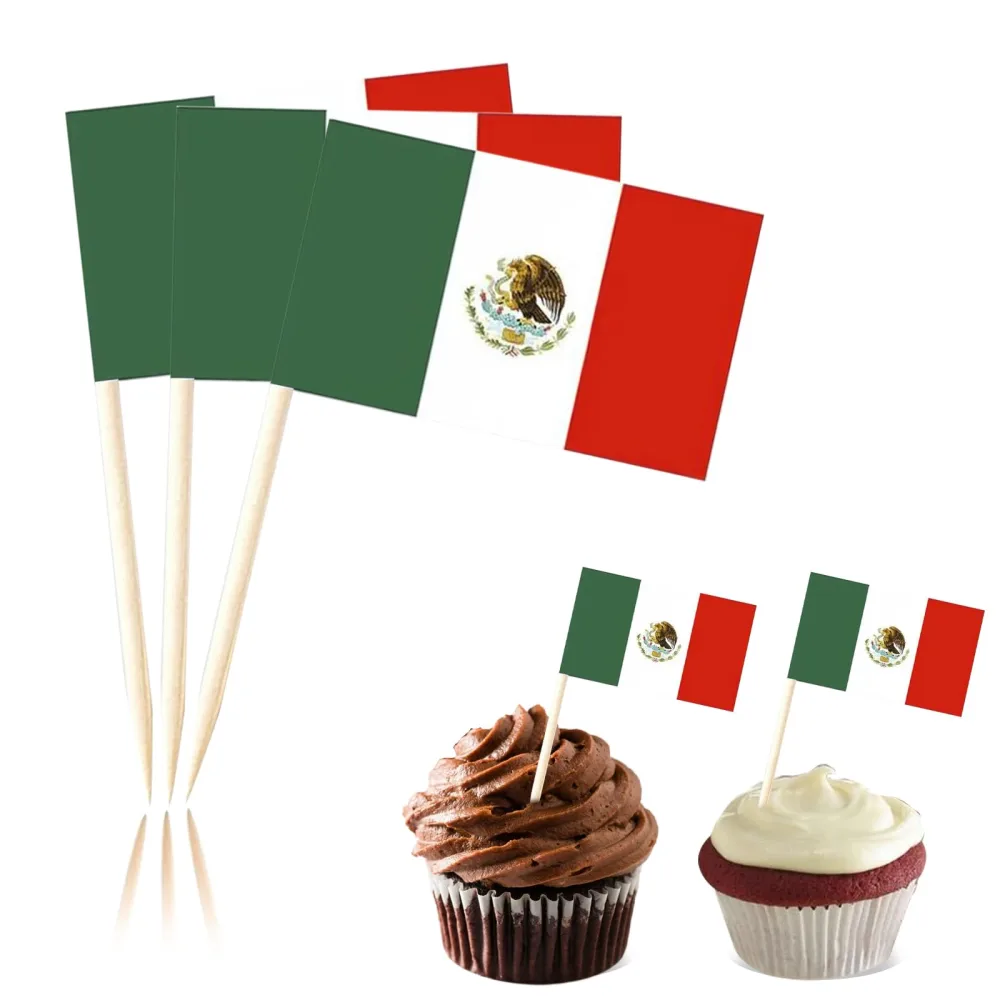 100 Pcs Mexico Flag Toothpick Cake Toppers Mexican Flag Cocktail Food Decorations Small Mini Stick Cupcake Toppers Picks for Celebration Party Supplies