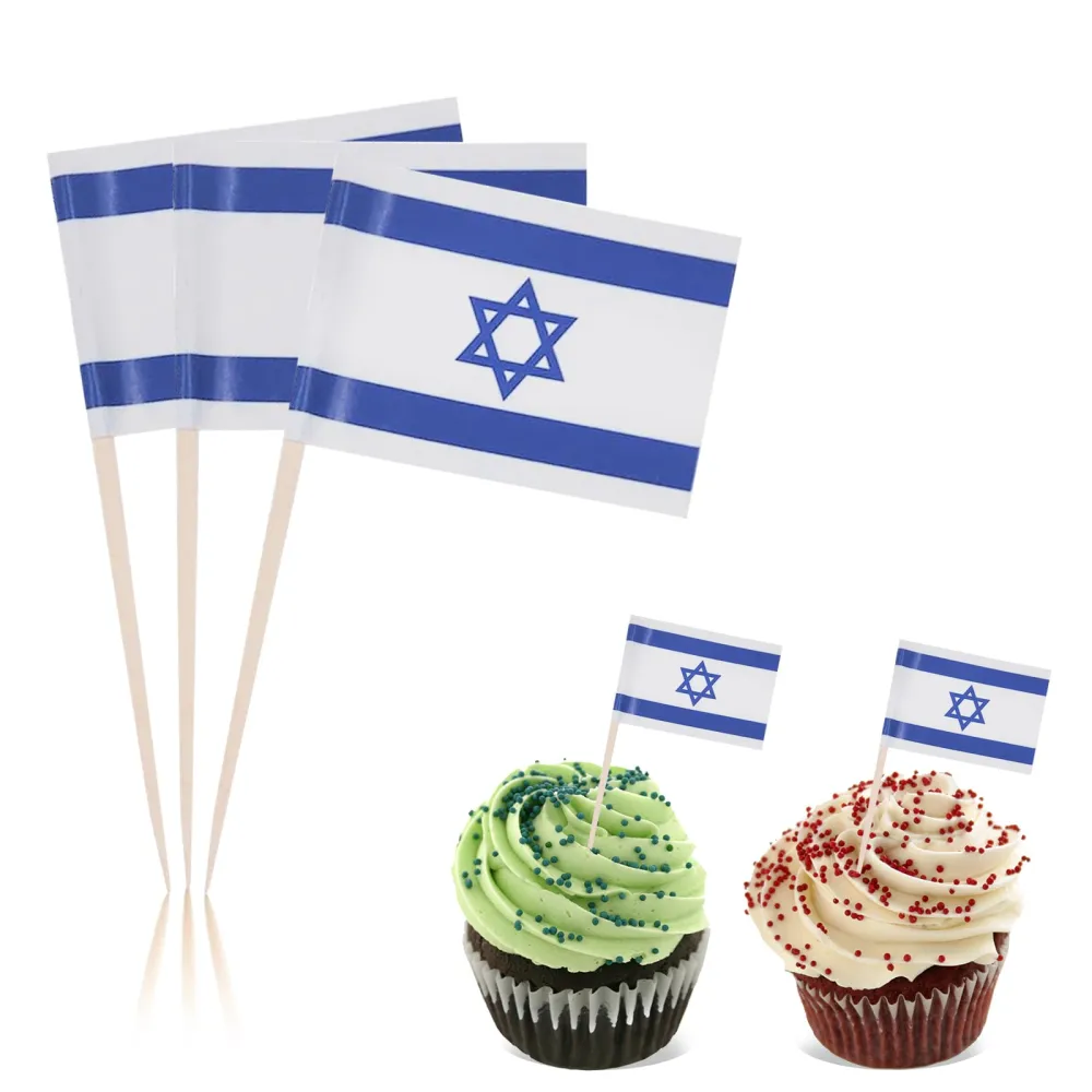 100 Pcs Israel Flag Toothpick Cake Toppers Israeli Flag Cocktail Food Decorations Small Mini Stick Cupcake Toppers Picks for Celebration Party Supplies