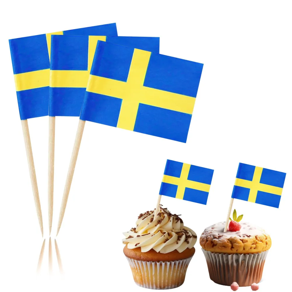 100 Pcs Sweden Flag Toothpick Cake Toppers Swedish Flag Cocktail Food Decorations Small Mini Stick Cupcake Toppers Picks for Celebration Party Supplies