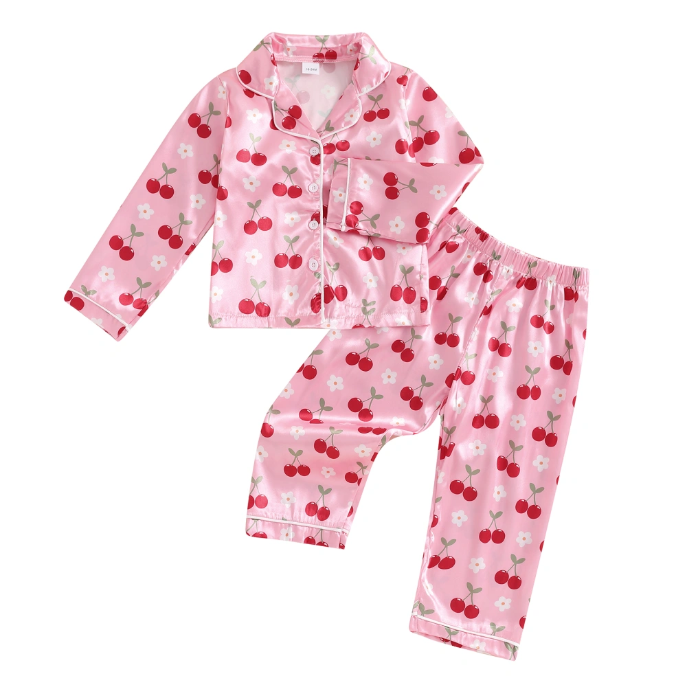 Little Girl Pajama Sets Button Tops Long Pant Cherry/Butterfly Loungewear