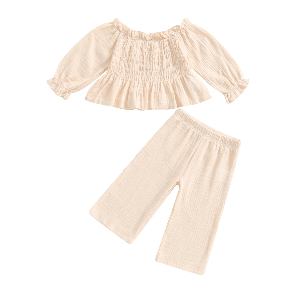 Baby Girl 2Pcs Fall Outfits Long Sleeve Smocked Tops + Wide Leg Pants