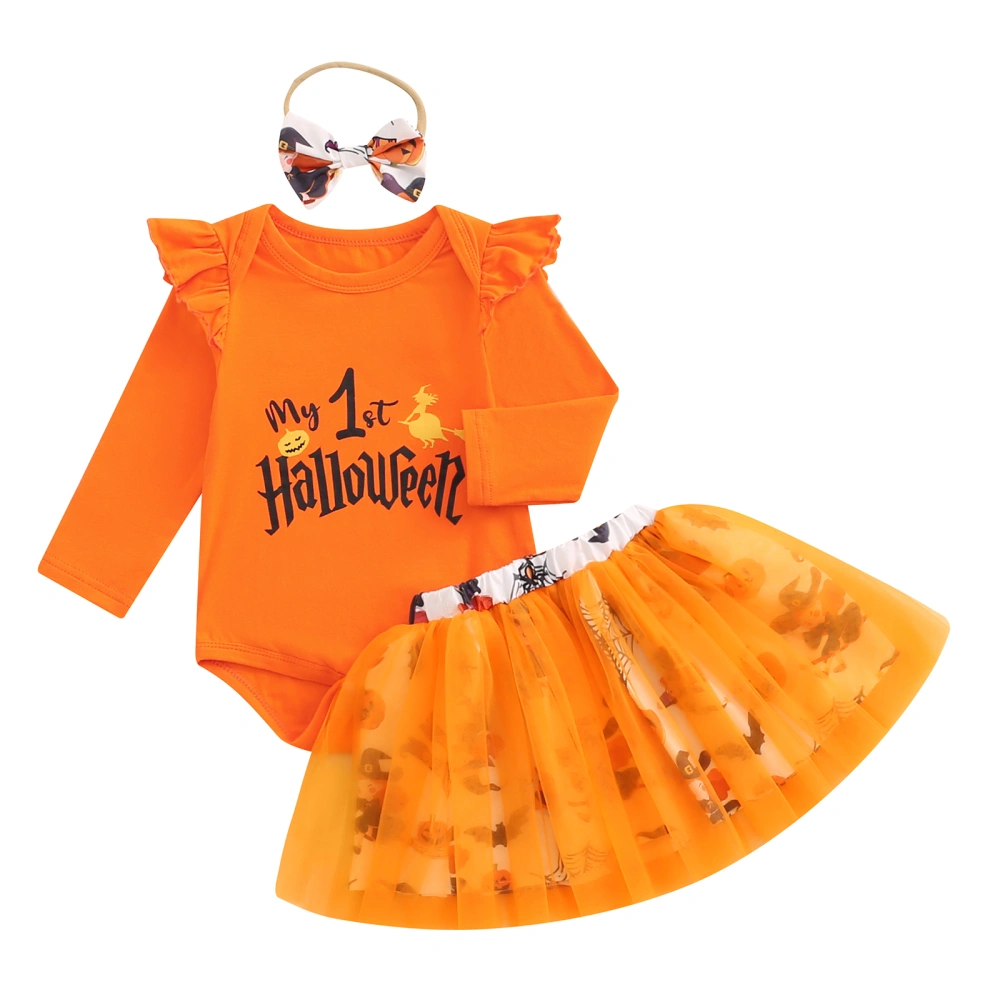 Baby Girl Halloween Outfits Pumpkin Print Romper Skirt Headband