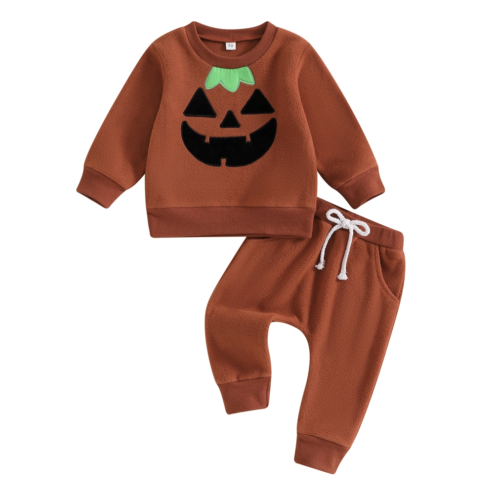 Baby 2Pcs Halloween Outfits Pumpkin Print Fleece Pullover + Pants