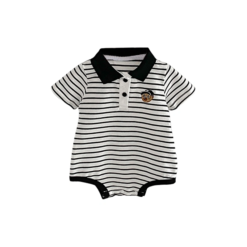 Baby Romper Short Sleeve Lapel Striped/Contrast Color Casual Playsuit