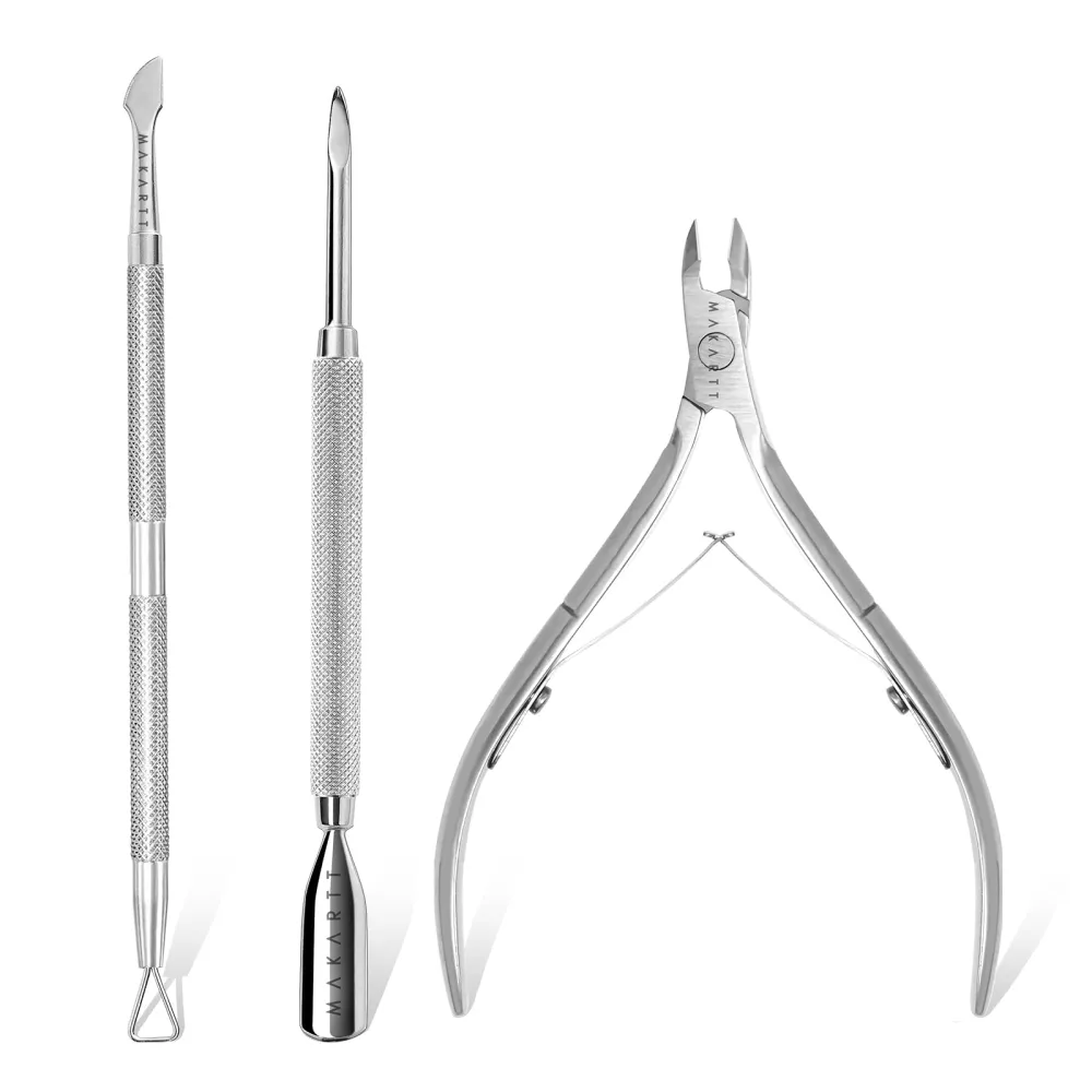 Makartt Cuticle Trimmer with Cuticle Pusher, Silver Nail Trimmer Nail Care Manicure and Pedicure Kit with Stainless Steel Cuticle Nipper and Dual End Nail Pushers for Home Salon Use (Pack of 3 PCS)