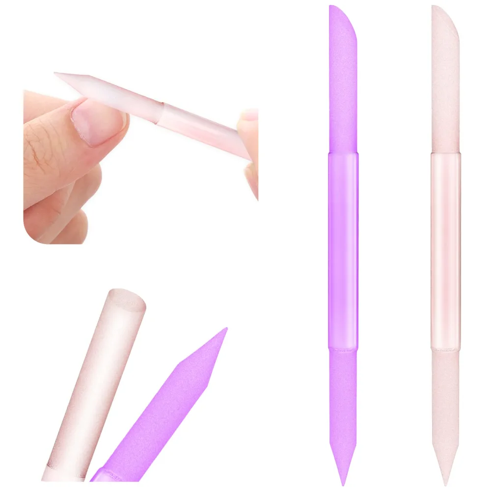 Sibba Glass Cuticle Pusher 2x Double Sided Nail File Manicure Stick Professional Precision Cuticle Crystal Gel Polish Remover Nail Salons Care Tools Women Abrasive Surface Scraper Cleaner(Pink/Purple)