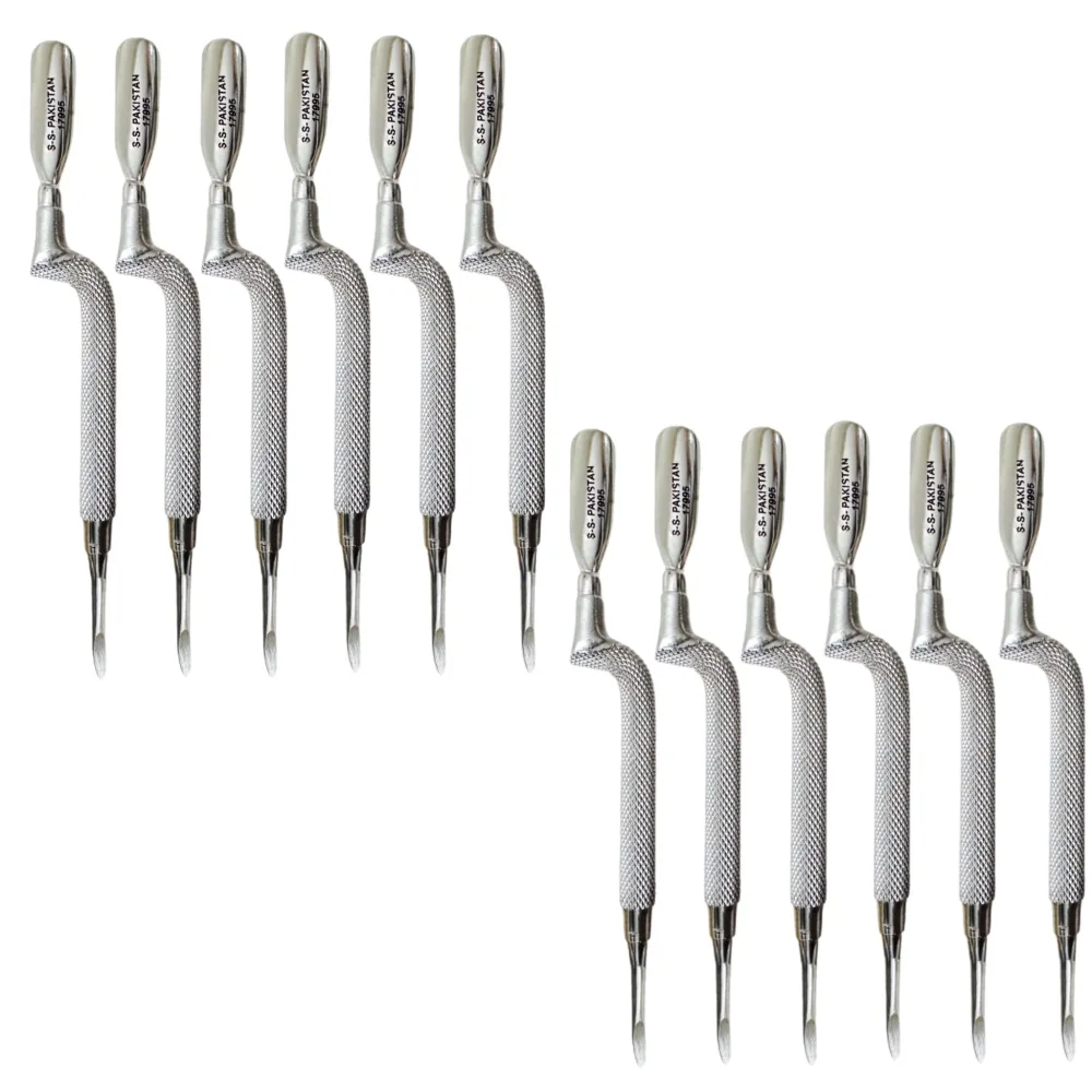 12pc Comfort Hold Easy Grip Ergonomically Angled Curved Cuticle Pusher Tool Heavy Duty 5" Double Ended Pusher & Cleaner - Premium Pakistan Stainless Steel