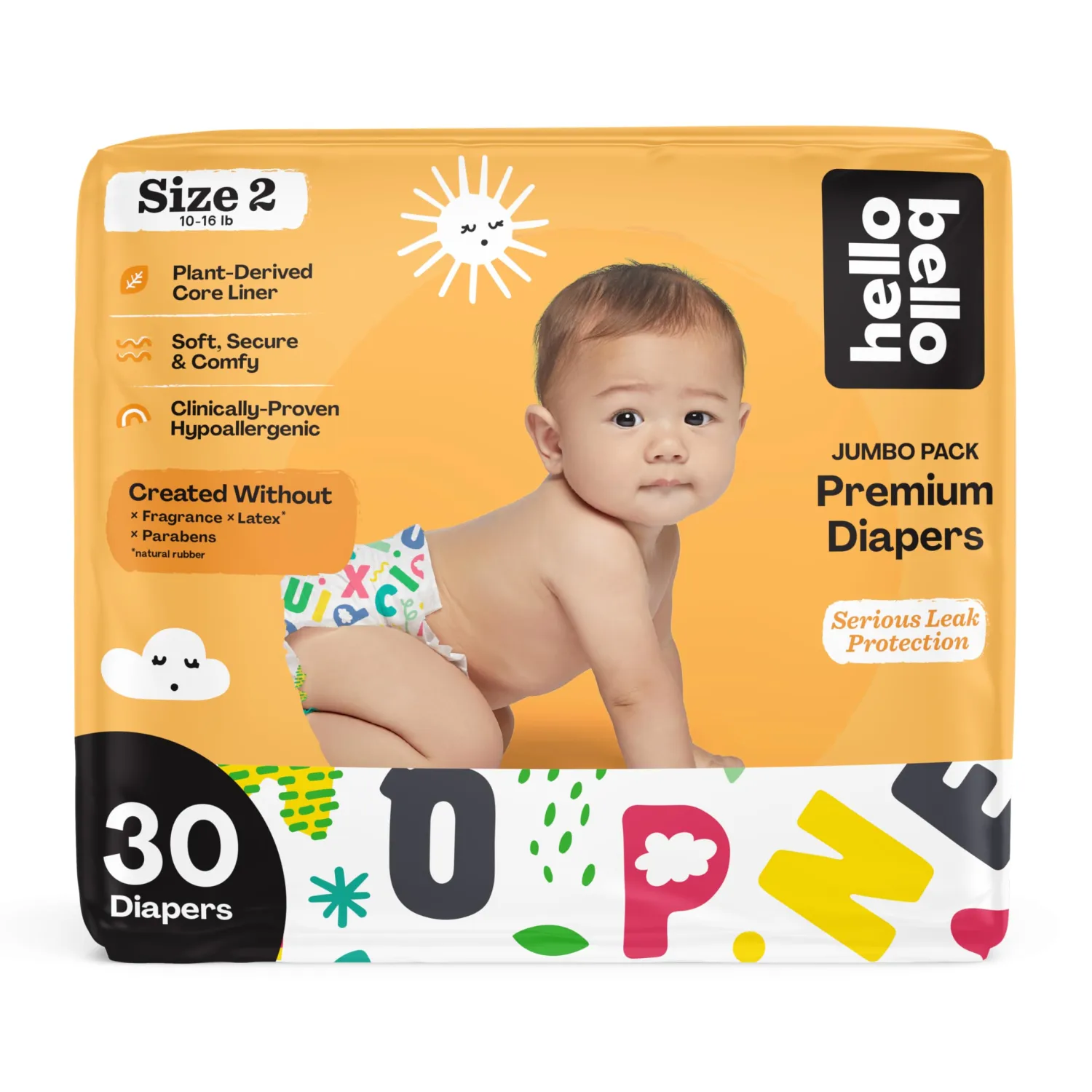 Hello Bello Premium Baby Diapers Size 2 I 30 Count of Disposable, Extra-Absorbent, Hypoallergenic Baby Diapers with Snug and Comfort Fit I Alphabet Soup
