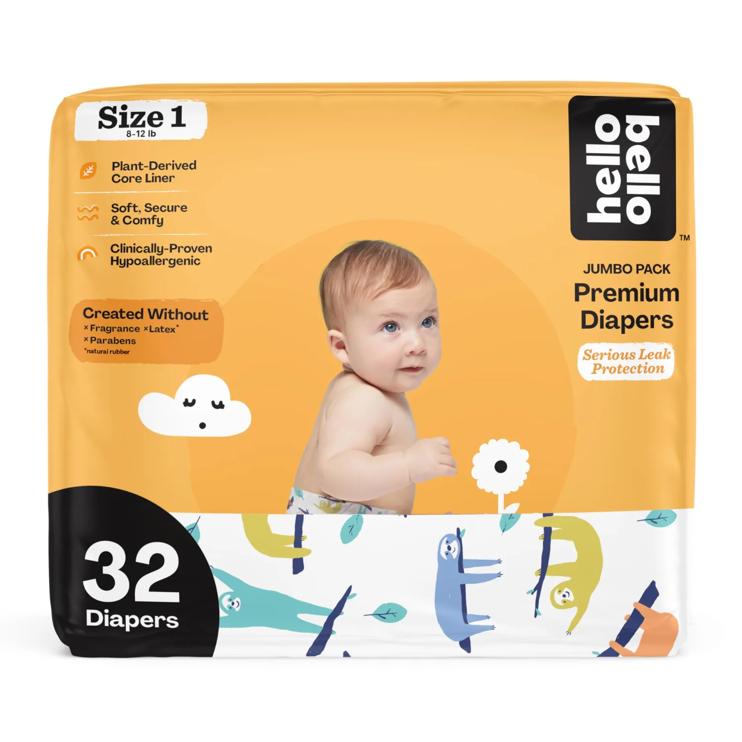 Hello Bello Premium Baby Diapers Size 1, 32 Count of Disposable, Extra-Absorbent, Hypoallergenic Baby Diapers with Snug and Comfort Fit, Sleepy Sloth