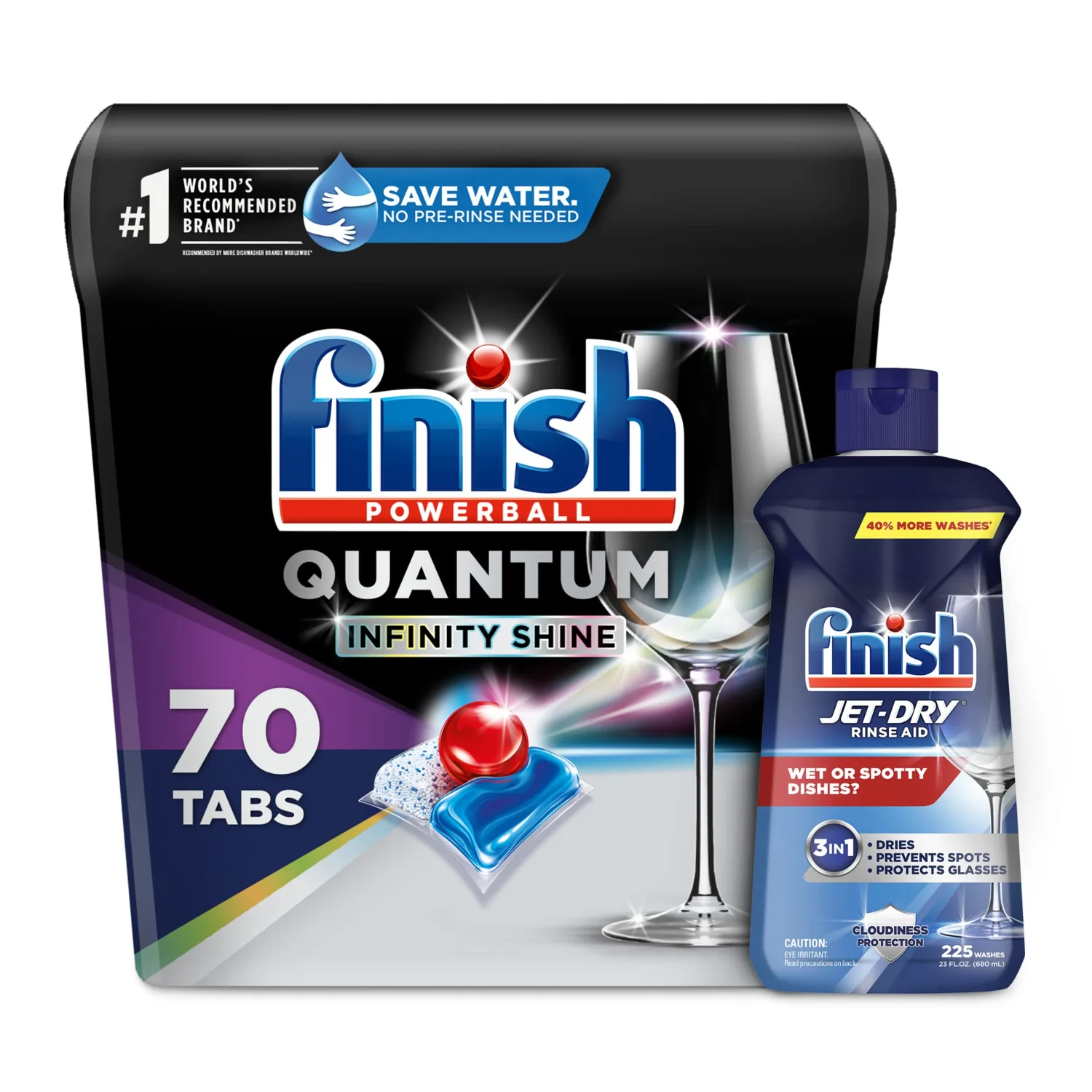 Finish Quantum Infinity Shine 70 Count Dishwasher Detergent Powerball + Jet-Dry Rinse Aid, 23oz
