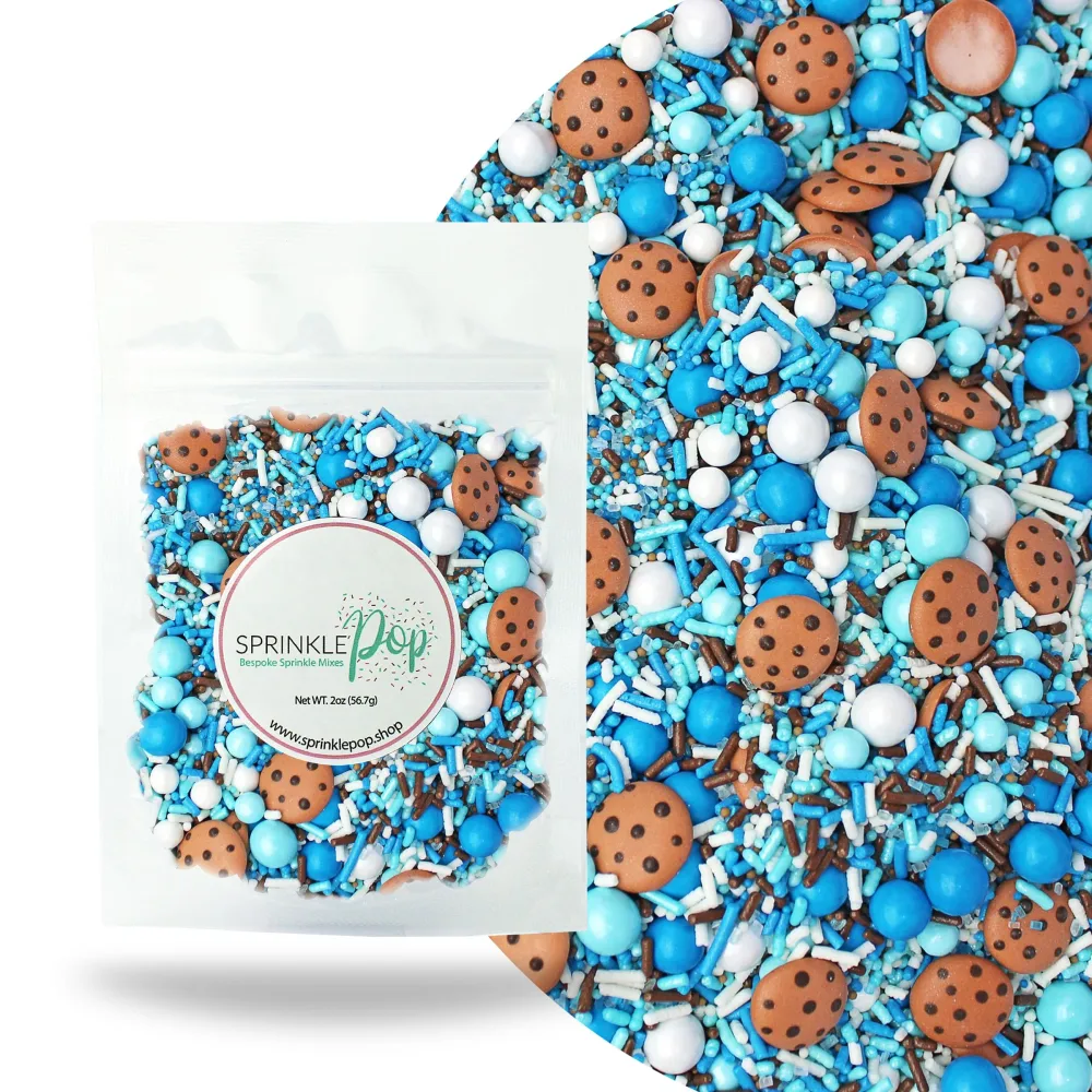 Cookies And Milk Sprinkle Mix| Made In USA By Sprinkle Pop| Blue and White Sprinkles with Hand Piped Chocolate Chips Cookies and Brown Pops| Decorating Sprinkles For Birthday Cake Cupcakes Donuts, 2oz