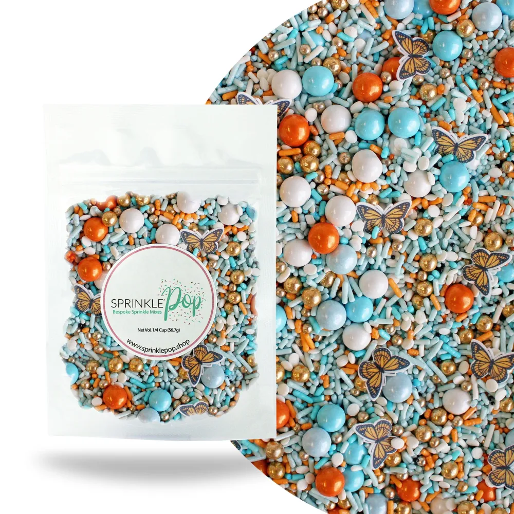 Monarch Butterfly Sprinkle Mix| Made In USA By Sprinkle Pop| Blue Orange Sprinkles with Butterfly Wafer Paper and Gold Dragees| Decorating Sprinkles For Mother’s Day Donuts Cupcakes Cakes Cookies, 2oz