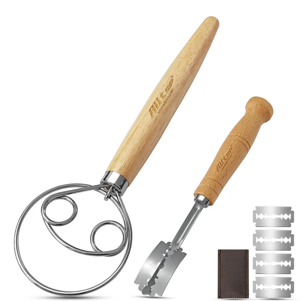 ALLTOP Danish Dough Whisk and Bread Lame Set - Dough Hook and Bread Scoring Knife for Easy Mixing,Cuts - Essential Sourdough Baking Tool for Novices & Expert Bakers