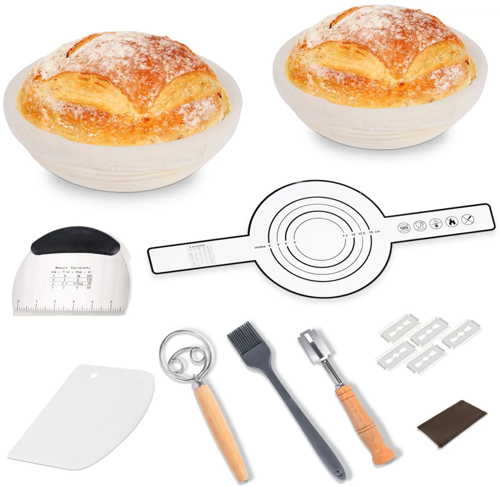 Bread Proofing Basket Kit, 10 In Round Sourdough Proofing Basket with Linen Liner, Silicone Bread Sling, Bread Lame, Danish Dough Whisk, Dough Scraper Kit, Silicone Brush & Bowl Scraper