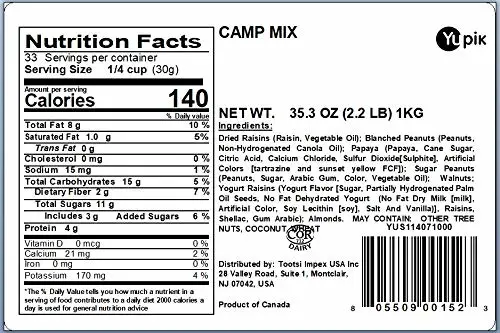 Yupik Camp Trail Mix, 2.2 lb, A mix of raisins, papaya, almonds, peanuts, walnuts, yogurt covered raisins, and candy covered peanuts, Pack of 1