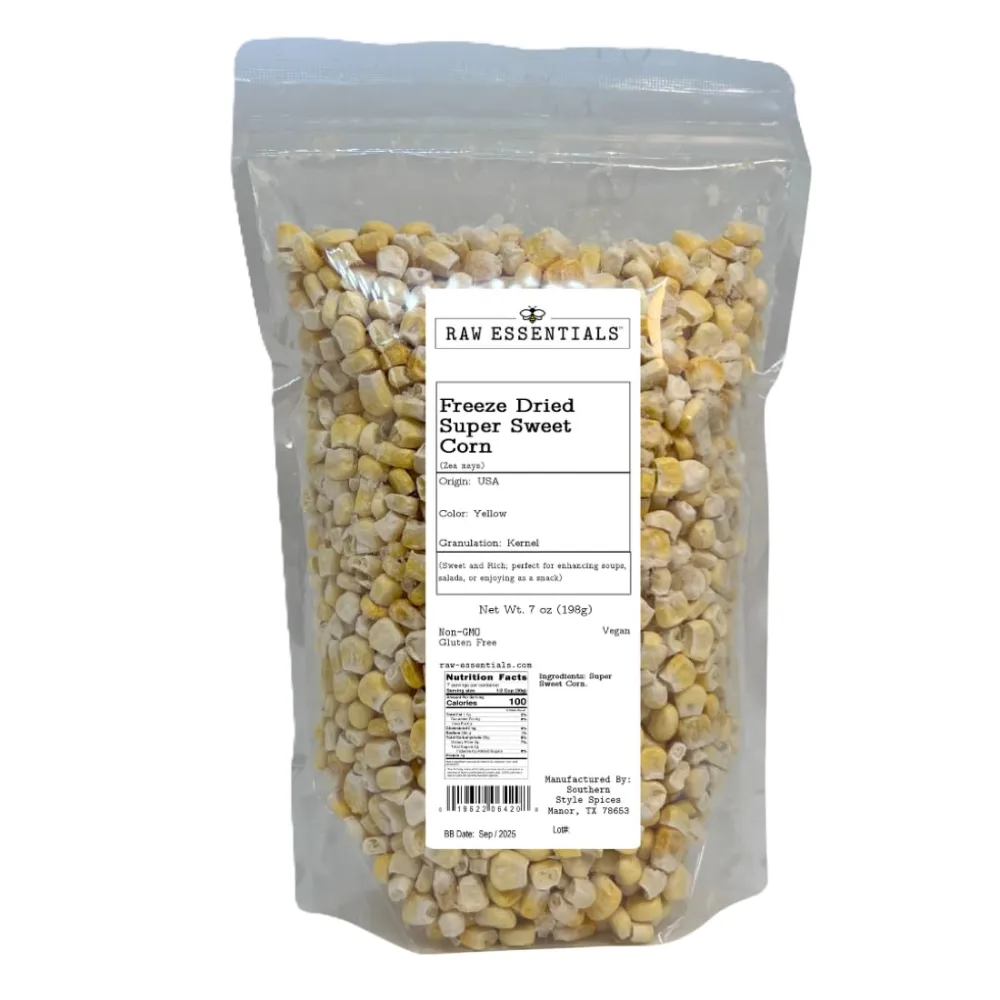 Raw Essentials Freeze-Dried Super Sweet Corn | Sweet & Rich Flavor | Ideal for Soups, Salads, & Snacks | Non-GMO, Gluten-Free, Vegan | 7 Ounce Bag