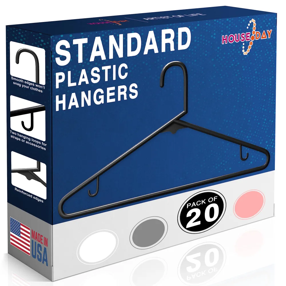 HOUSE DAY Made in USA Premium Plastic Hangers 20 Pack Durable & Space Saving Clothes Hangers, Heavy Duty Plastic Hangers with Non-Slip Hook Closet Hangers for Clothing, Coats, Shirts, Dresses - Black