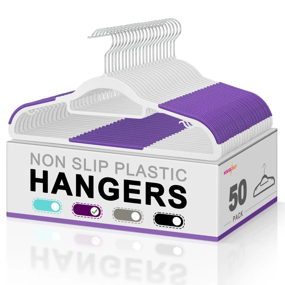 HOUSE DAY Plastic Hangers 50 Pack, Plastic Clothes Hangers Non Slip Hangers with Rubber Grip, Heavy Duty Plastic Hangers with 360º Swivel Hook, Ultra Thin Hangers Space Saving, Closet Hangers Purple