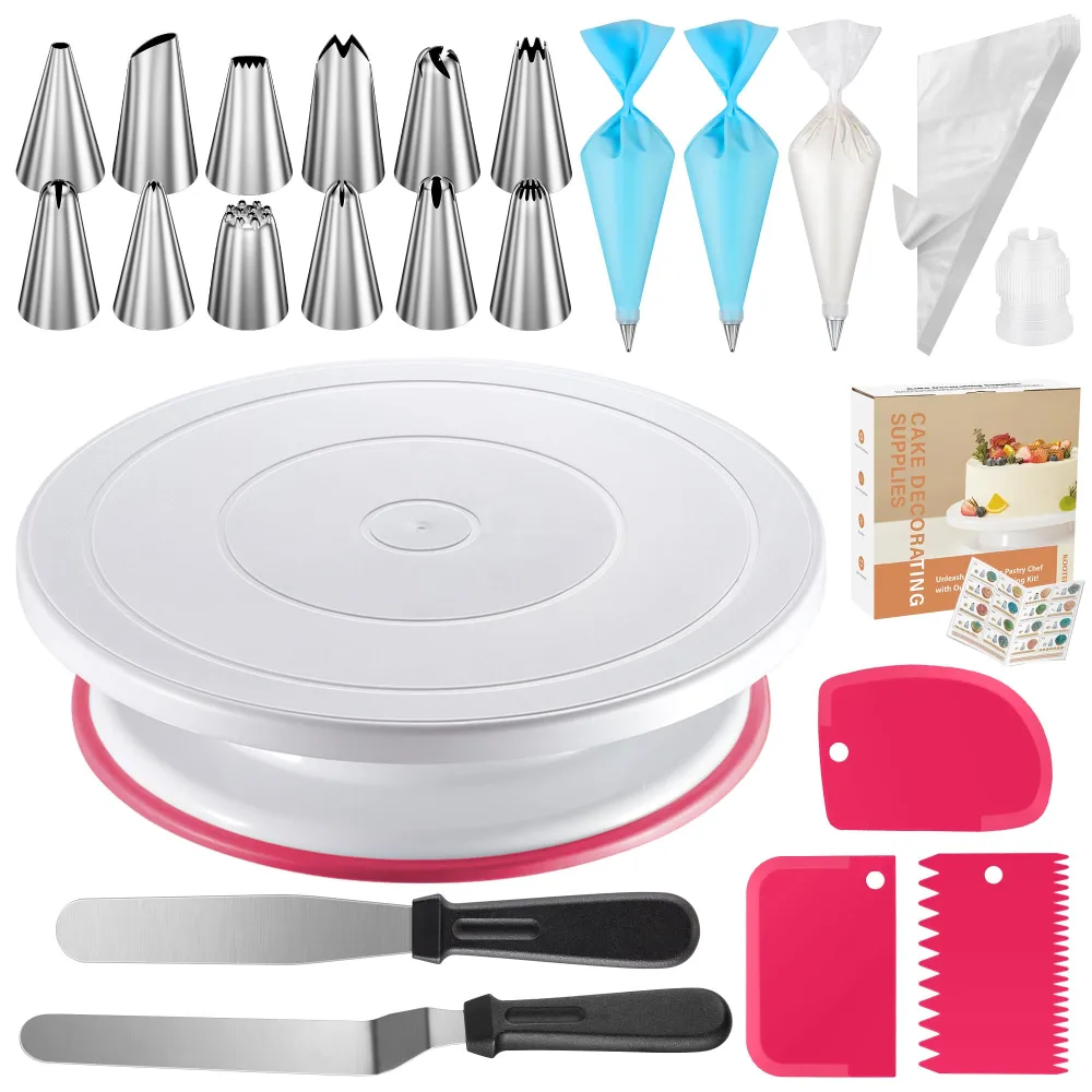 Kootek 71PCs Cake Decorating Supplies Kit with Revolving Cake Stand Turntable, 12 Numbered Icing Piping Tips, 2 Spatulas, 3 Icing Comb Scraper, 50+2 Piping Bags, and 1 Coupler for Baking