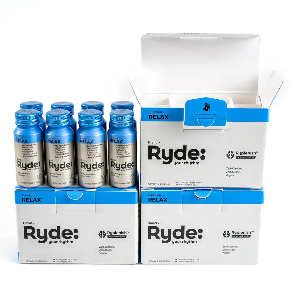 Ryde: Relax Shot | Raspberry Flavor | Lemon Balm, L-Theanine, Ginseng & Chamomile |0 Calories, 0 Sugar | 2 FL OZ Shots | Helps You Relax* (24 Pack)