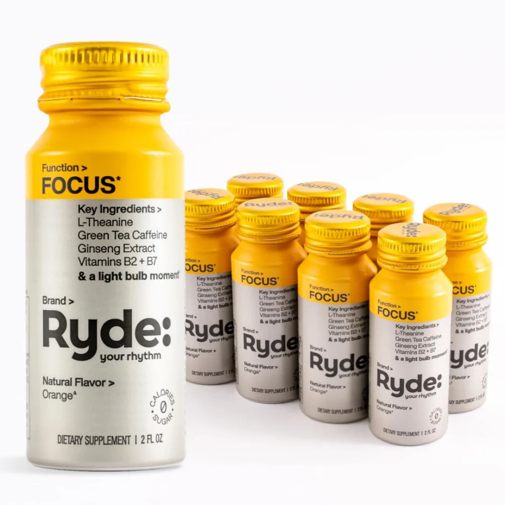 Ryde: Focus Shot | Orange Flavor | L-Theanine & Ginseng | Green Tea Caffeine | Vitamins B2 & B7 | 0 Calories, 0 Sugar | 2 FL OZ Shots | Supports Focus* (8 Pack)