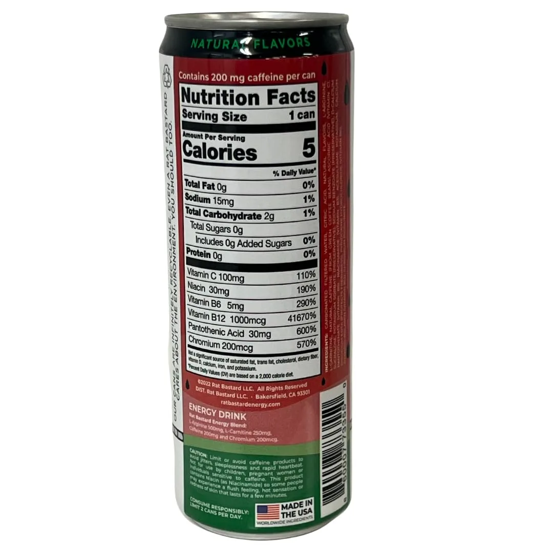 RAT BASTARD Energy Drink - Sugar-Free Caffeinated Beverage, Natural Caffeine to Boost Energy and Focus, Wild Watermelon Flavor, 12 fl oz Can (Case of 12)