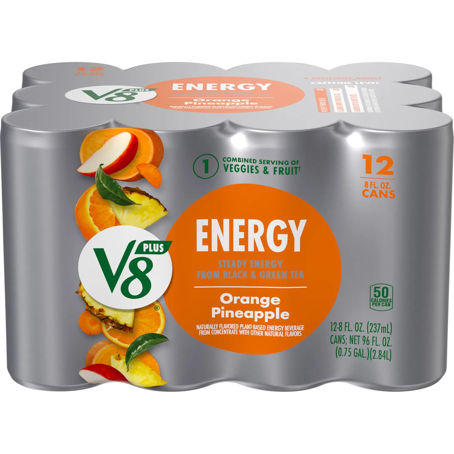 V8 +Energy Orange Pineapple Juice Energy Drink, 8 fl oz Can (12 Pack)