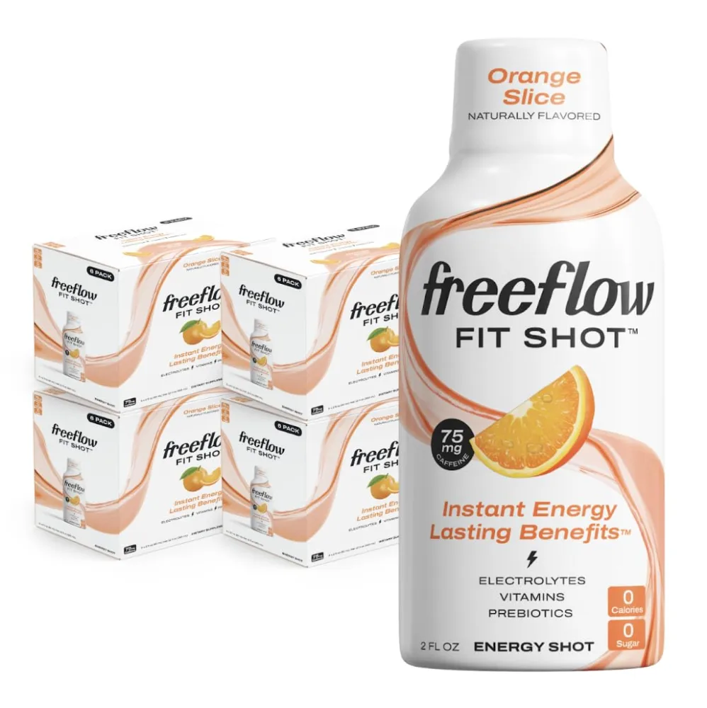 Freeflow Fit Energy Shots, Orange Slice, Natural Caffeine Boost with L-theanine, Ginseng, Vitamins, Prebiotics, Electrolytes (24 Count, 2oz Shots)